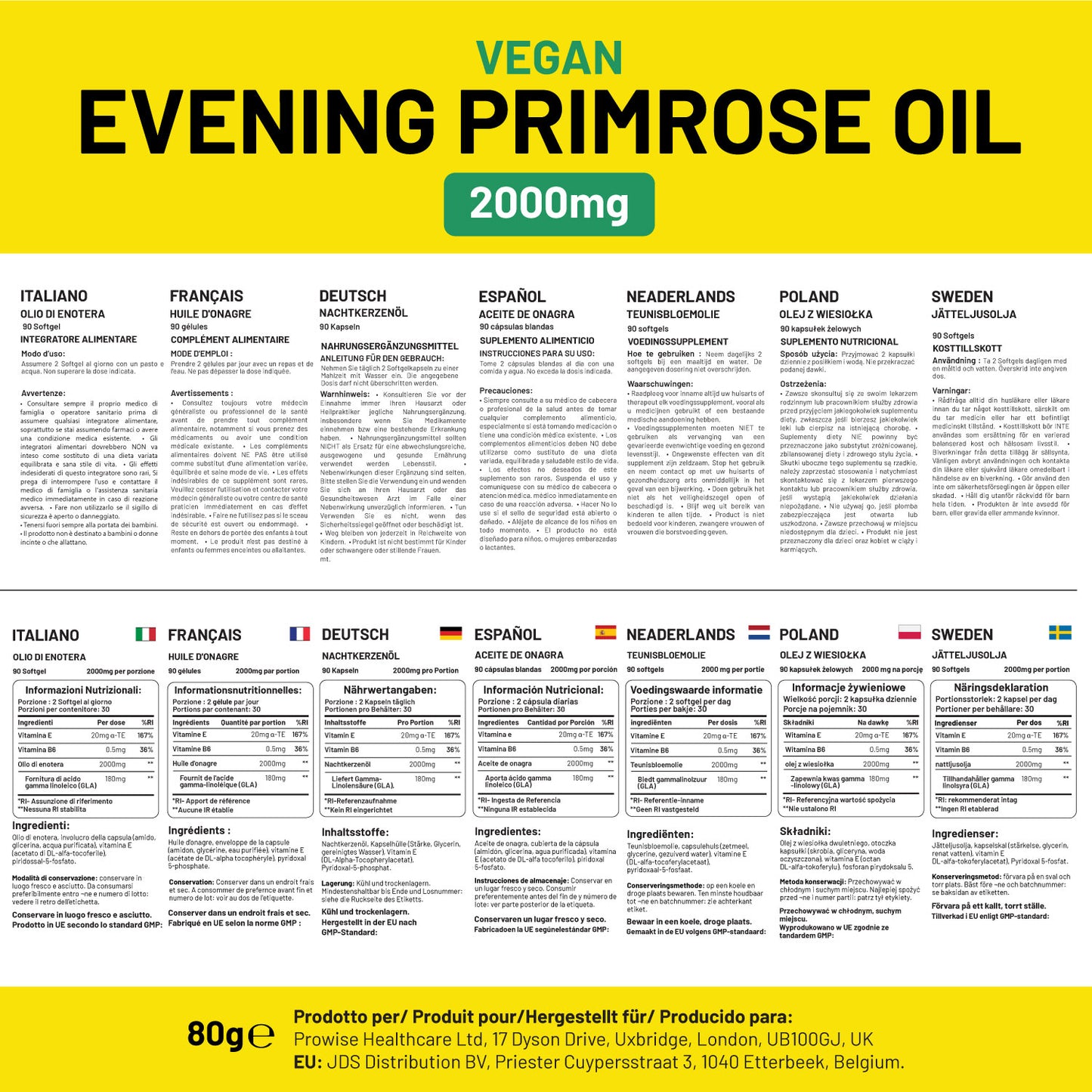 Evening Primrose Oil 2000mg Capsules – Hormone Balance & Skin Support | Vegan | 60 Softgels