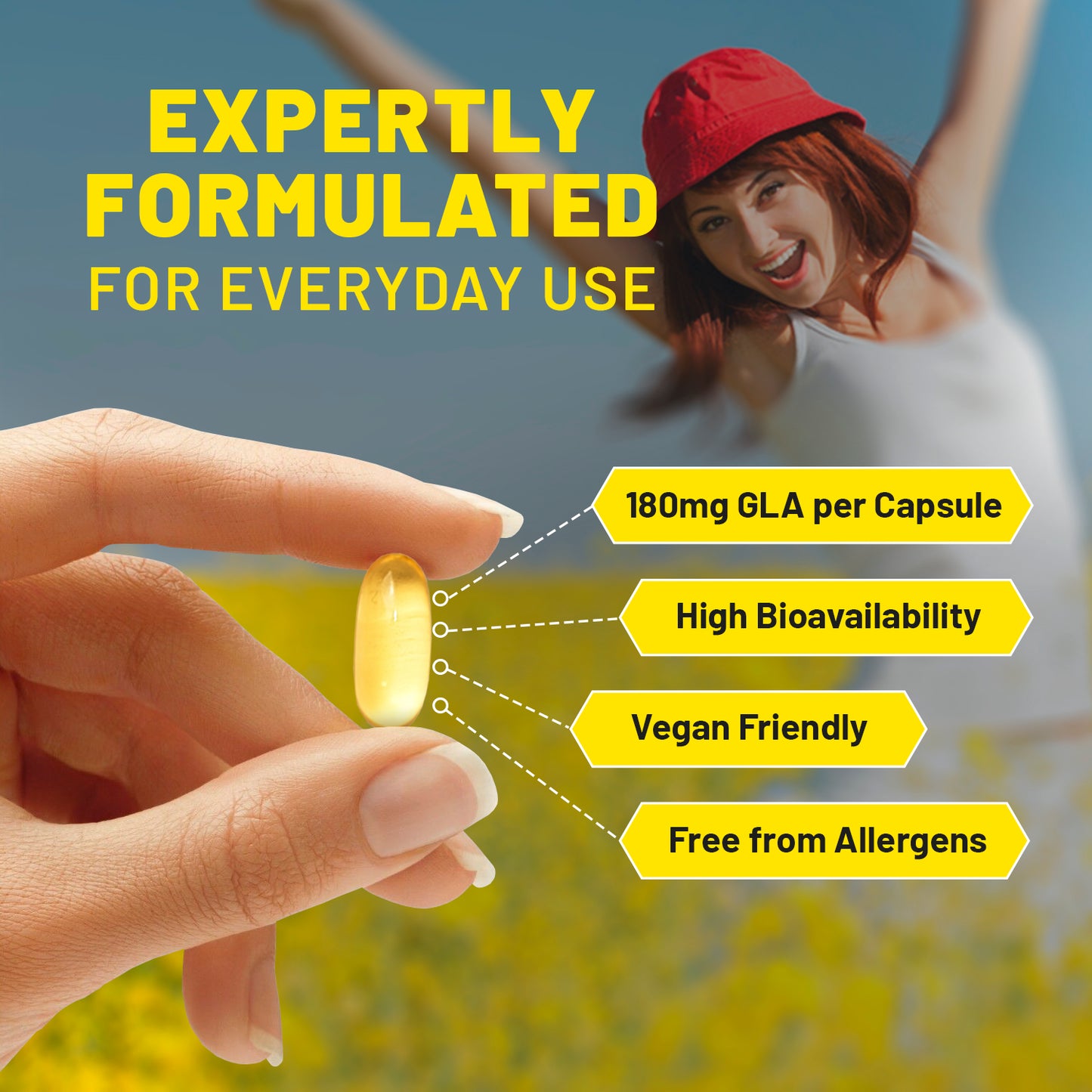 Evening Primrose Oil 2000mg Capsules – Hormone Balance & Skin Support | Vegan | 60 Softgels