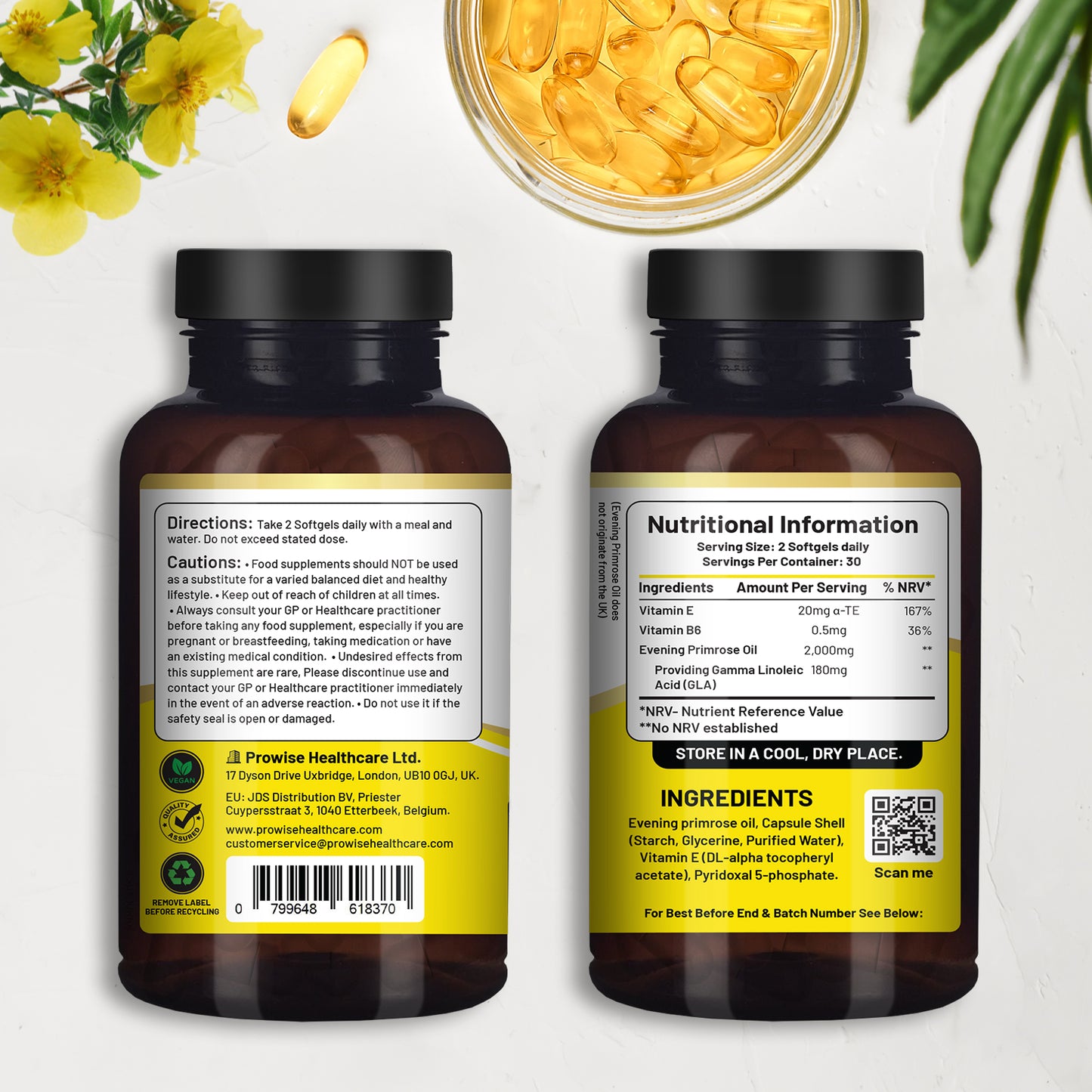 Evening Primrose Oil 2000mg Capsules – Hormone Balance & Skin Support | Vegan | 60 Softgels