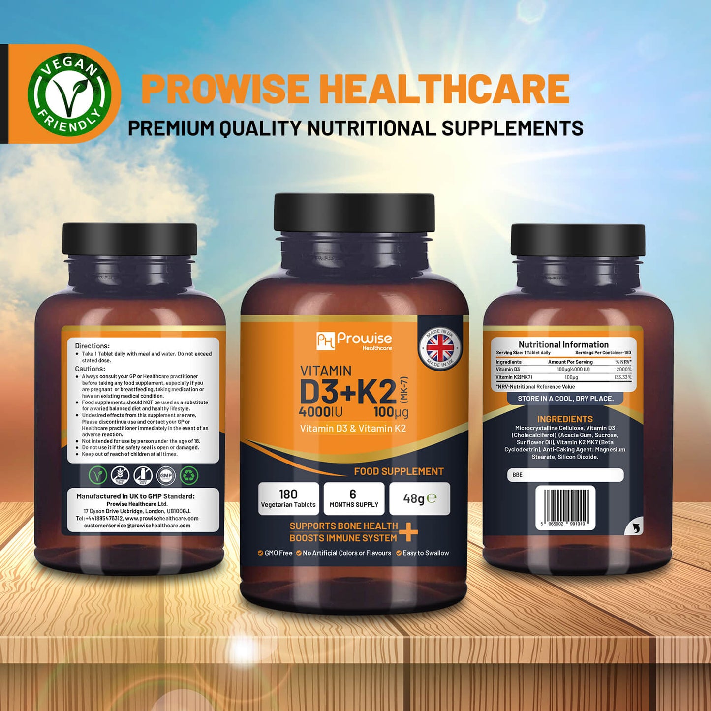 Vitamin D3 + K2 Tablets (4000 IU) – Immune & Bone Support | 180 Tablets