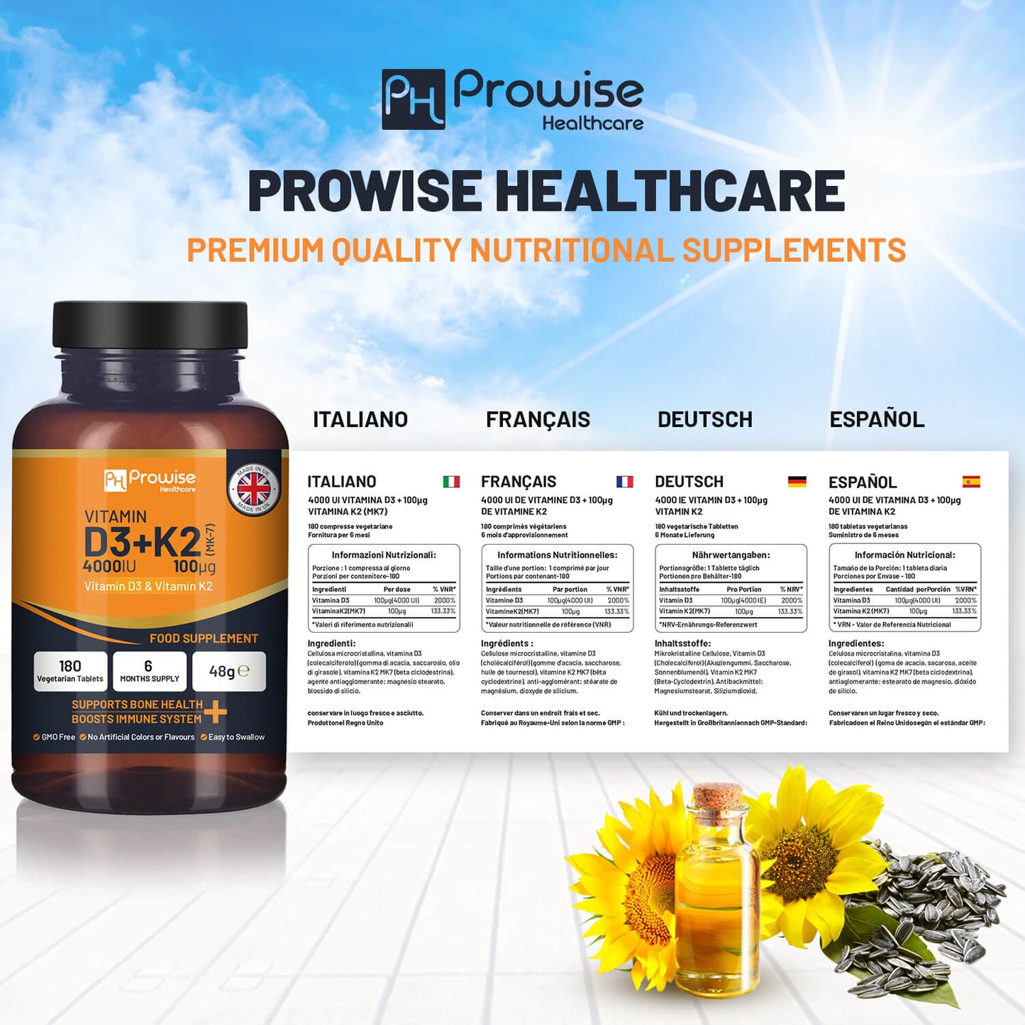 Vitamin D3 + K2 Tablets (4000 IU) – Immune & Bone Support | 180 Tablets