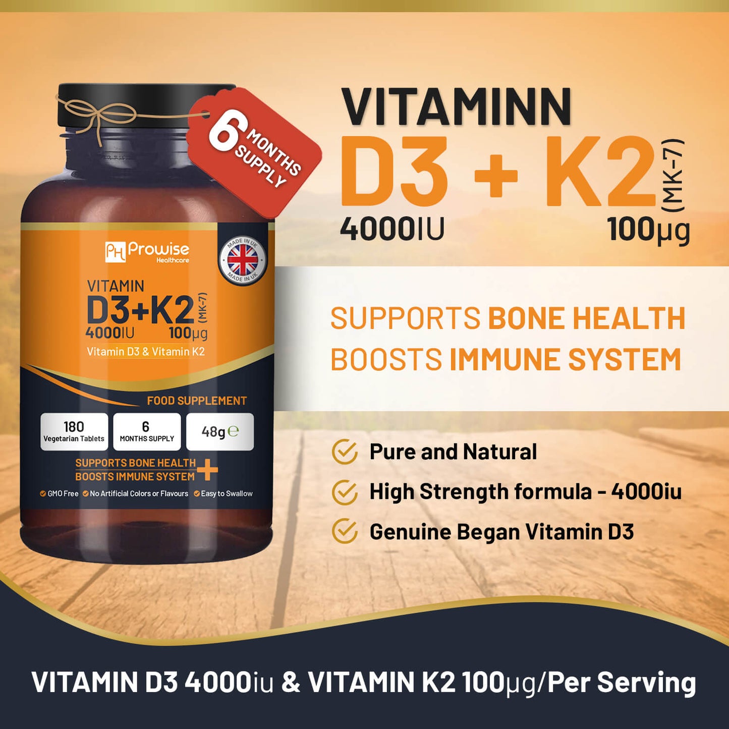Vitamin D3 + K2 Tablets (4000 IU) – Immune & Bone Support | 180 Tablets