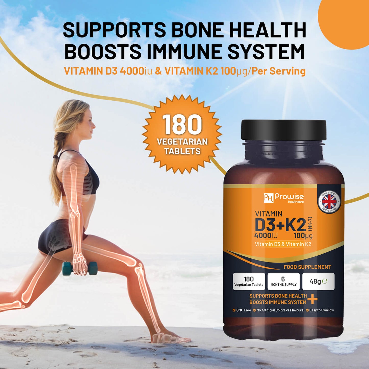 Vitamin D3 + K2 Tablets (4000 IU) – Immune & Bone Support | 180 Tablets