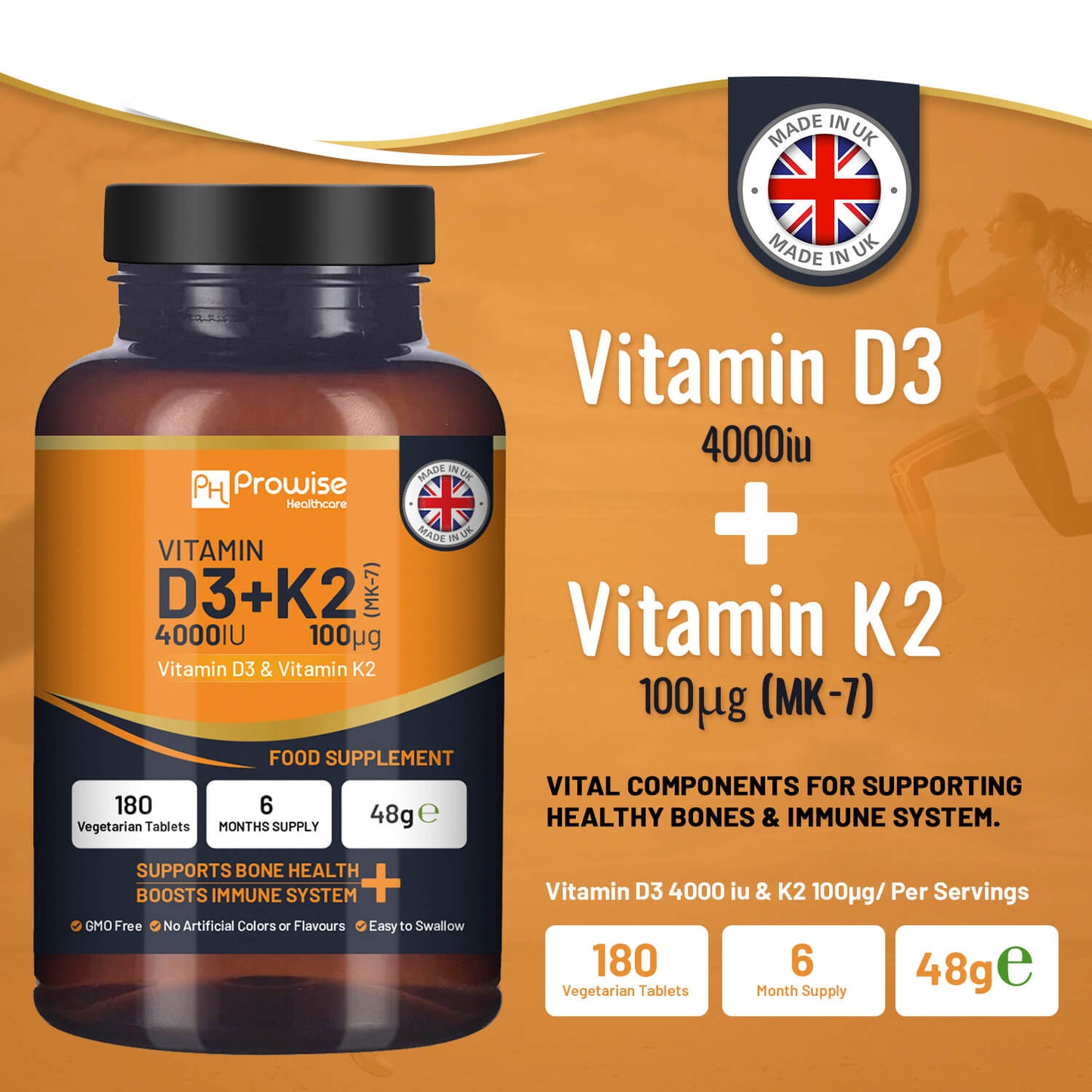 Vitamin D3 + K2 Tablets (4000 IU) – Immune & Bone Support | 180 Tablets