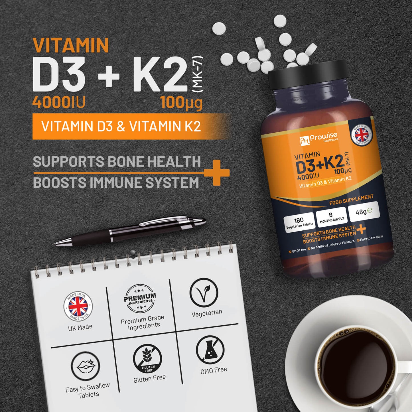 Vitamin D3 + K2 Tablets (4000 IU) – Immune & Bone Support | 180 Tablets