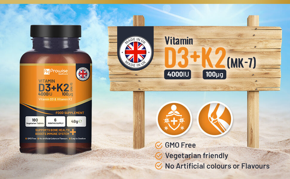 Vitamin D3 + K2 Tablets (4000 IU) – Immune & Bone Support | 180 Tablets