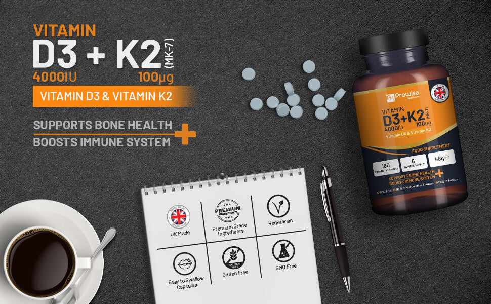 Vitamin D3 + K2 Tablets (4000 IU) – Immune & Bone Support | 180 Tablets