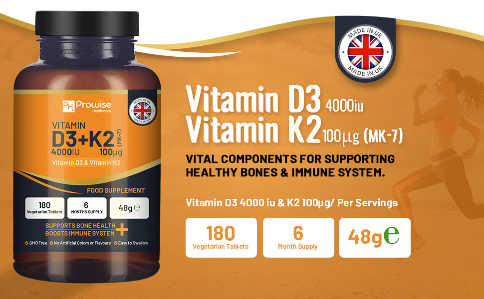 Vitamin D3 + K2 Tablets (4000 IU) – Immune & Bone Support | 180 Tablets