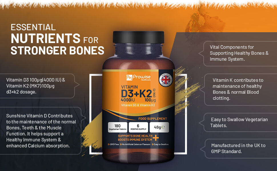 Vitamin D3 + K2 Tablets (4000 IU) – Immune & Bone Support | 180 Tablets