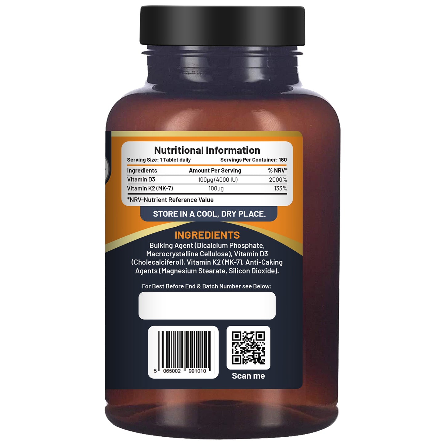 Vitamin D3 + K2 Tablets (4000 IU) – Immune & Bone Support | 180 Tablets