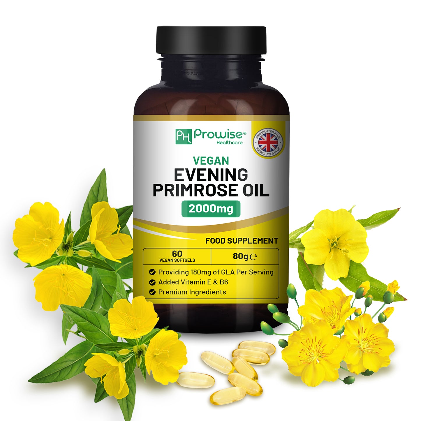 Evening Primrose Oil 2000mg Capsules – Hormone Balance & Skin Support | Vegan | 60 Softgels