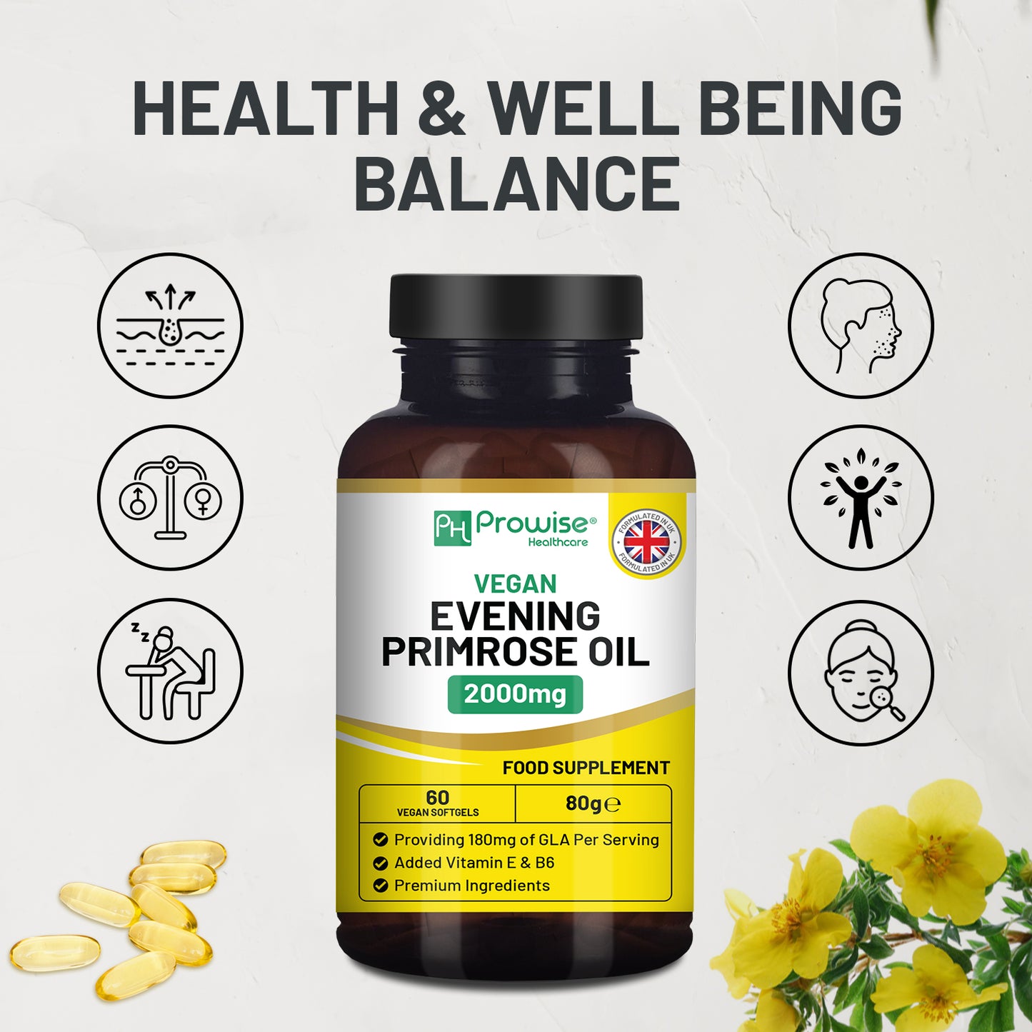 Evening Primrose Oil 2000mg Capsules – Hormone Balance & Skin Support | Vegan | 60 Softgels